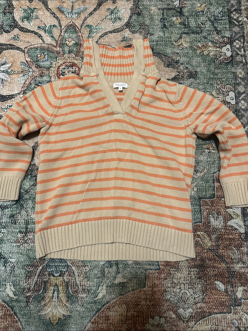 Striped V-Neck Sweater in Beige and Peach by J.Crew